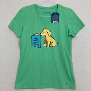 New Life Is Good V Neck Kelly Green Puppy Graphic Stretch Casual Top Small